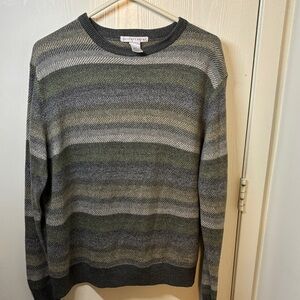Geoffrey Beene Olive, Blue, Gray & Cream Striped Crewneck Sweater